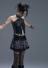 Plaid Lace Belted Pleated Skirt